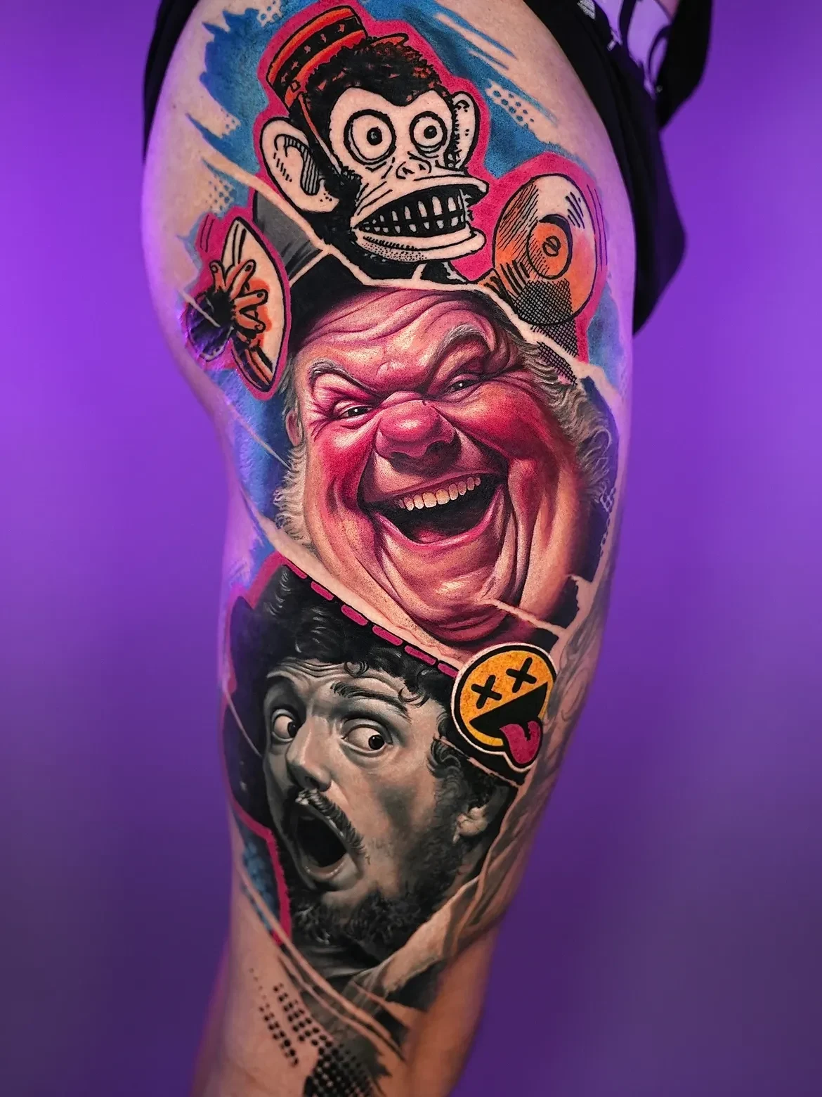 Colorful tattoo with a composition of caricature characters