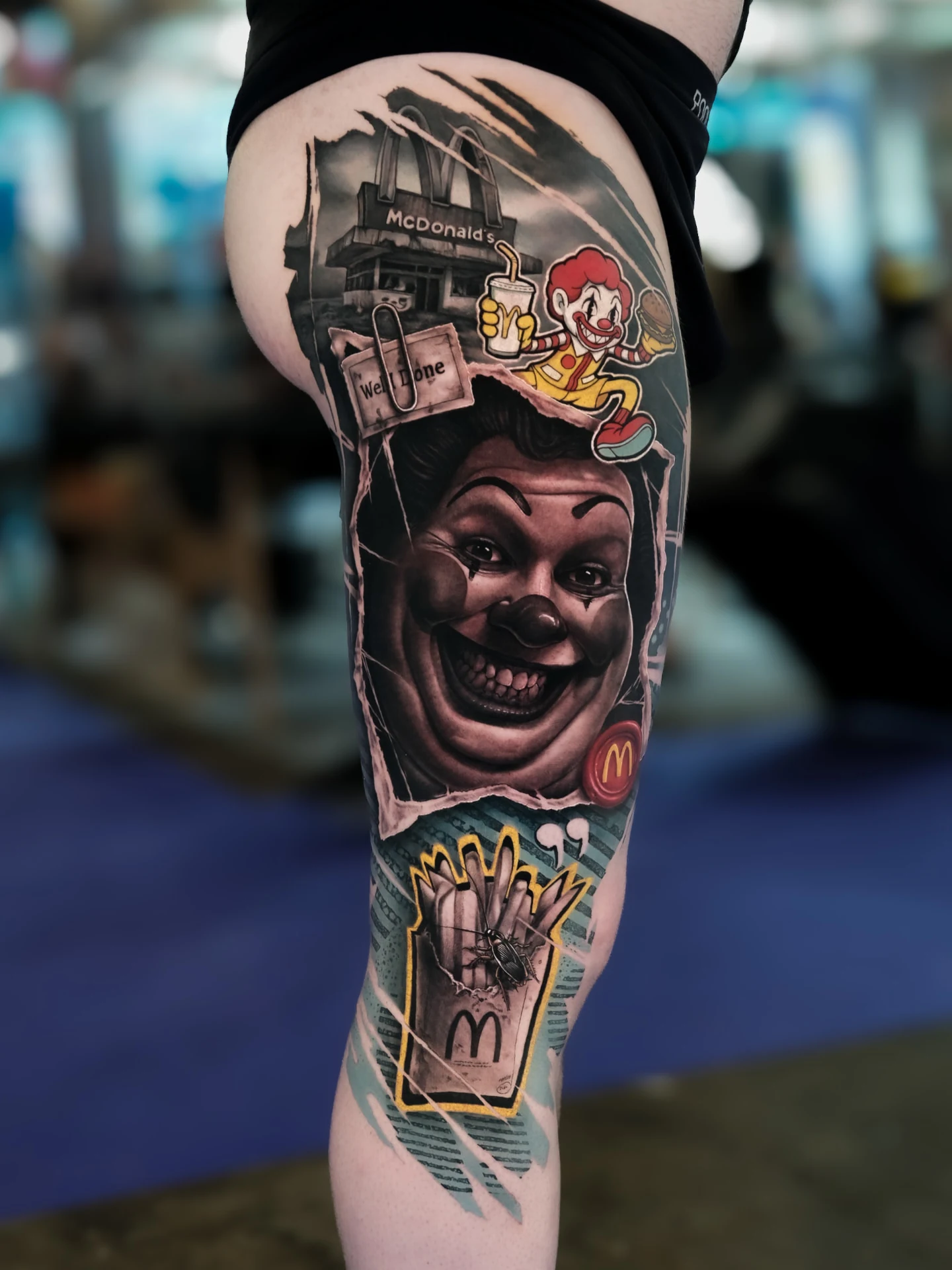 Colorful caricature tattoo inspired by Ronald McDonald