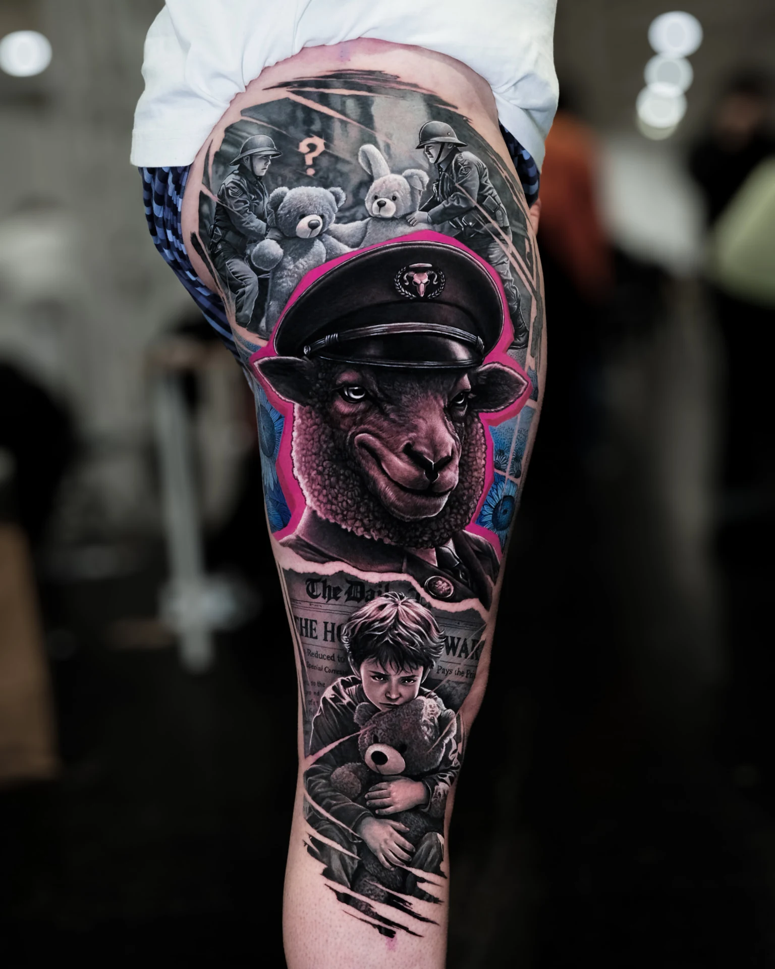 Colorful realistic tattoo of a sheep in a military uniform